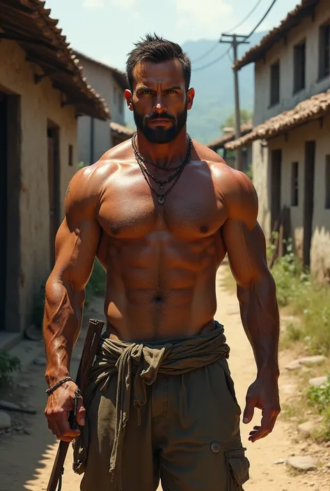 A tall, muscular tanned man in his 20s, Shirtless, sweaty and ragged attire, standing in a rustic village setting, high detail, realistic, dynamic lighting, portrait, character design, cinematic atmosphere, masterpiece .