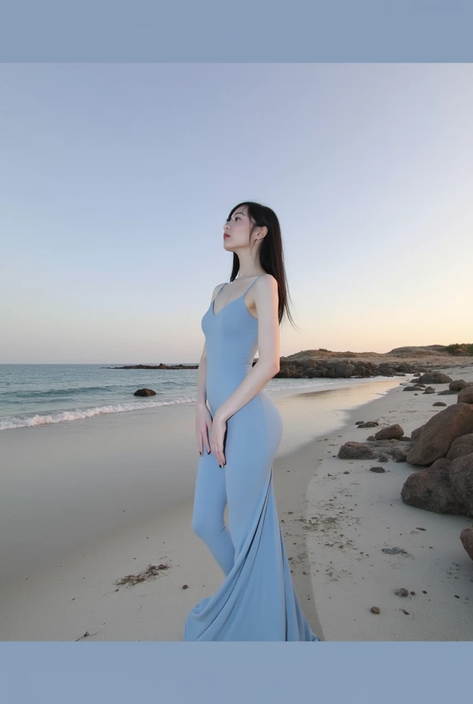 Long black hair girl, Sky blue fitted dress 