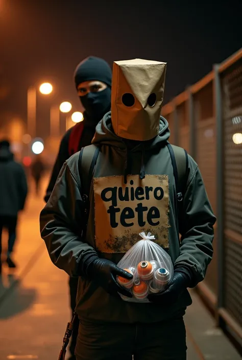 Raw photo with bokeh effect and lights and a metal fence in the background at a railway station in Barcelona at night. The word "QUIERO TETE" is written in black marker on a brown paper bag with holes for the eyes worn by an anonymous adult graffiti artist...