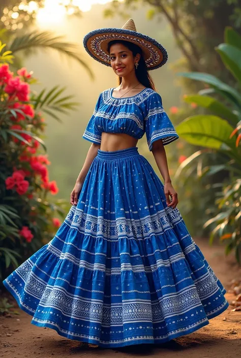 Nicaraguan folk costume with blue and white pattern and hat