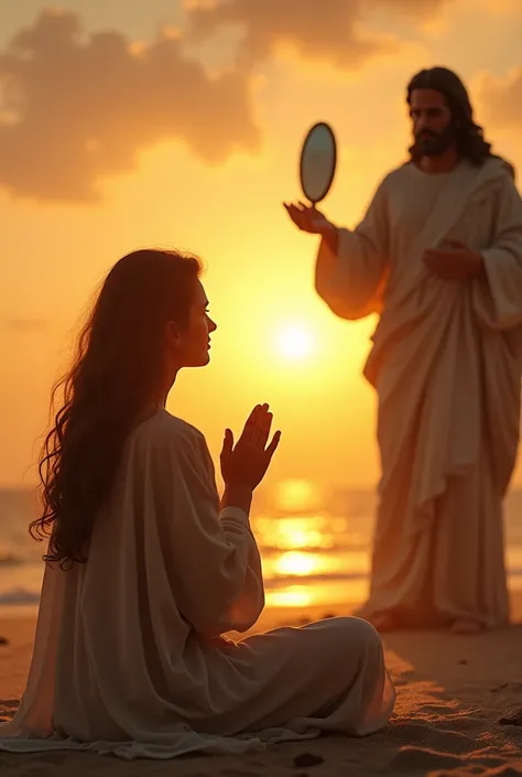 An image showing a person sitting on a deserted beach, with the sun setting in the background. The person is looking at the horizon with an expression of peace and contentment, with hands closed in a gesture of prayer. In the background of the image, there...