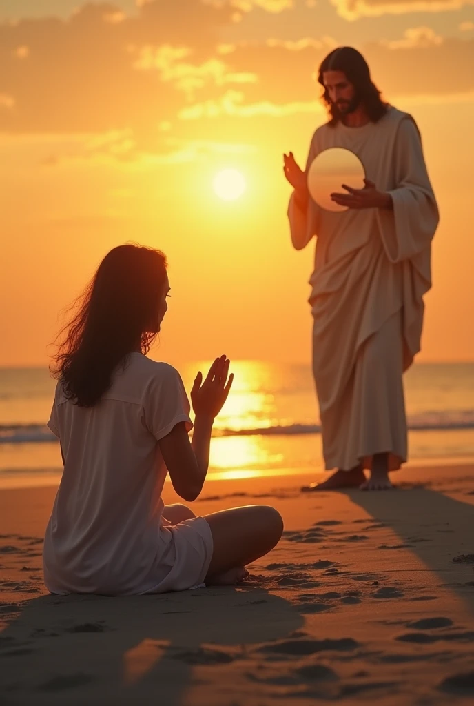 An image showing a person sitting on a deserted beach, with the sun setting in the background. The person is looking at the horizon with an expression of peace and contentment, with hands closed in a gesture of prayer. In the background of the image, there...