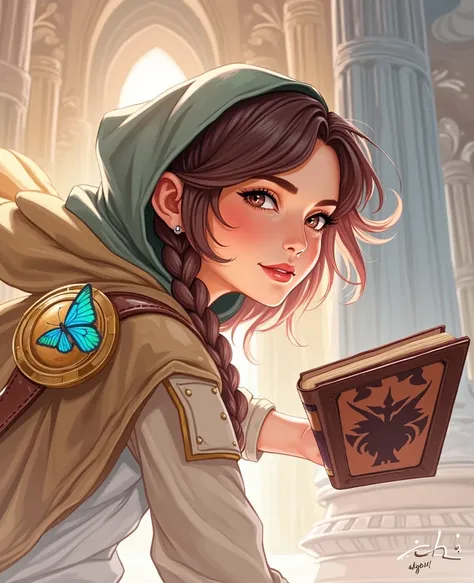 Speed painting of portrait of a fantasy female brunette human adventurer, with a blue hood, in a temple, D&D character, holding a large leather bound book with butterfly on the book cover