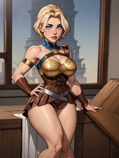 Girl with short blonde hair, blue eyes, Wearing A bodice of armor, a bodice of bronze-colored iron with a silver armband on one side of the shoulder, wearing a brown leather strip skirt, wearing a tiara on her forehead, and thick thighs, defined breasts