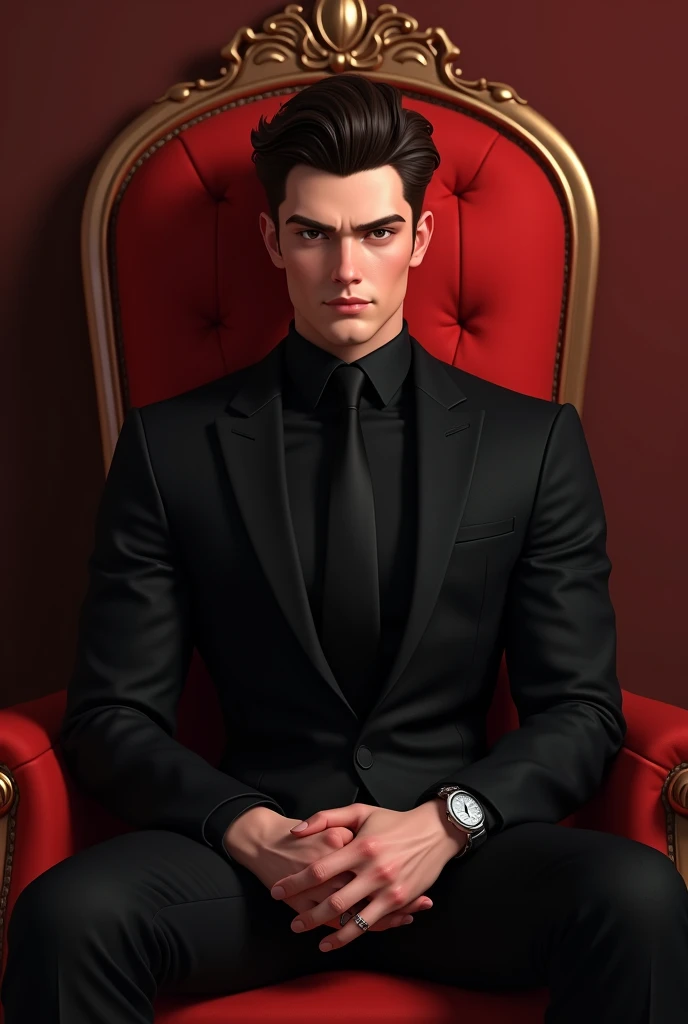 Handsome 25 yearsold semi animated man sitting in the red royal chair wearing black suit. Portrait picture.