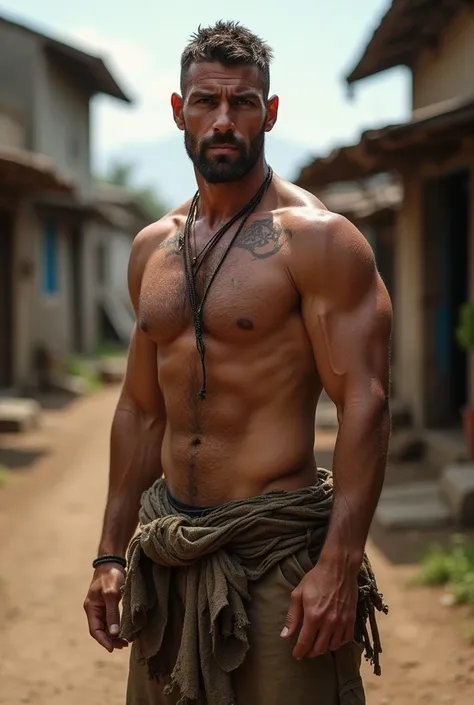 A tall, muscular tanned man in his 20s, clean shaved, Shirtless, sweaty and ragged attire, standing in a rustic village setting, high detail, realistic, dynamic lighting, portrait, character design, cinematic atmosphere, masterpiece .