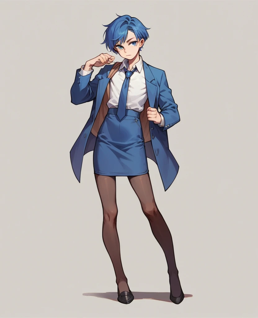 androgynous, 1girl, blue eyes, blue hair, solo, standing, skirt suit, shirt, short hair, pantyhose, pencil skirt, collared shirt, white shirt, blue jacket, necktie, full body 