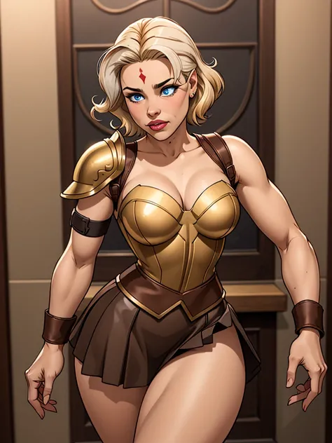 Girl with short blonde hair, blue eyes, Wearing A bodice of armor, a bodice of bronze-colored iron with a silver armband on one side of the shoulder, wearing a brown leather strip skirt, wearing a tiara on her forehead, and thick thighs, defined breasts Si...