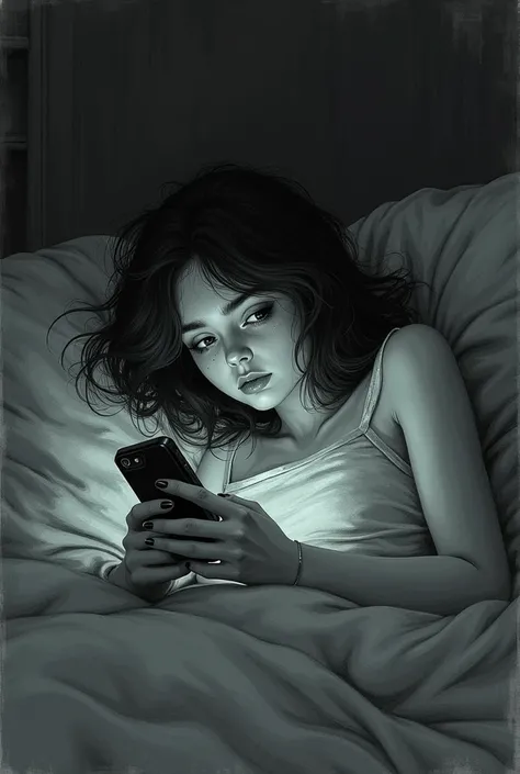 sketch drawing with pencil strokes in dark fantasy illustration style of a girl lying in bed using her cell phone 