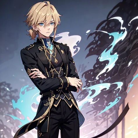 Anime attractive man, 20 year old, blonde hair, very very short ponytail, tall, muscular, solo, one person, light blue gold-accented, high-collared dress shirt, black choker, dark blazer with gold lining and buttons unbuttoned, long dark overcoat with a fu...