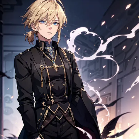 Anime attractive man, 20 year old, blonde hair, very very short ponytail, tall, muscular, solo, one person, light blue gold-accented, high-collared dress shirt, black choker, dark blazer with gold lining and buttons unbuttoned, long dark overcoat with a fu...