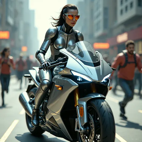 Futuristic motorbike-riding gynoid police、Metallic body、sunglasses、Images of people running