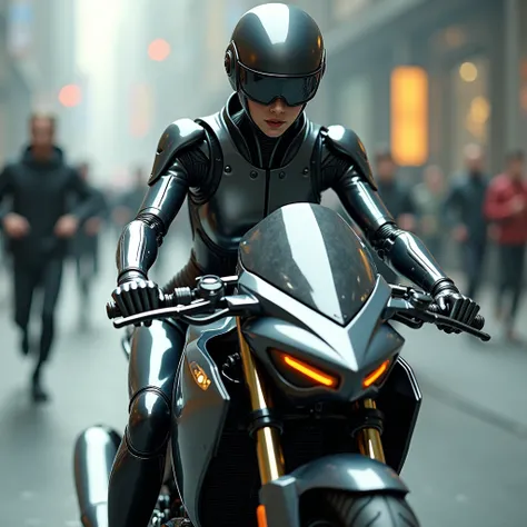 Futuristic motorbike-riding gynoid police、Metallic body、sunglasses、Images of people running