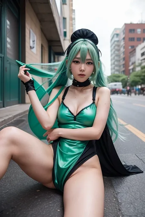 a cute yuna (cosplay of Tatsumaki, foam green hair, sexy slinky black iconic dress, high split up thighs (panties partly exposed)), she is looking annoyed while doing sexy poses, ruined city set
