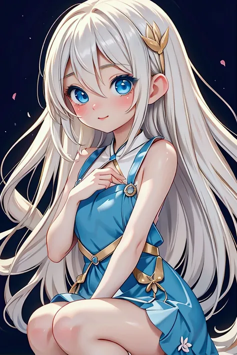 Late 20s European woman、Anime-style illustrations。Short stature with a youthful appearance、Fair skin。Short stature with a youthful appearance、Long, bright golden-white hair、Big Blue Eyes。Delicate and slender figure。Wearing a fairy-like elegant dress。Cute e...