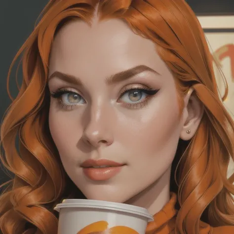 a beautiful girl with long orange hair, detailed face, beautiful detailed eyes,beautiful detailed lips,extremely detailed eyes and face, long eyelashes, wearing a big orange sweater, holding cups, 1 girl, best quality,4k,8k,highres,masterpiece:1.2,ultra-de...