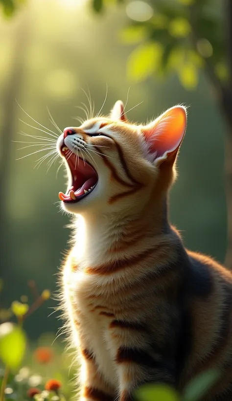 Side profile of a laughing cat in nature: A super-realistic side profile of a cat in a natural outdoor setting, laughing. The cat is mid-laugh, with its head slightly tilted back, eyes squinted, and mouth open. The fur is highly detailed, reflecting sunlig...