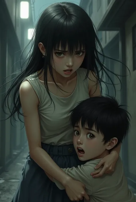 A Japanese girl strangling a boy with her arm