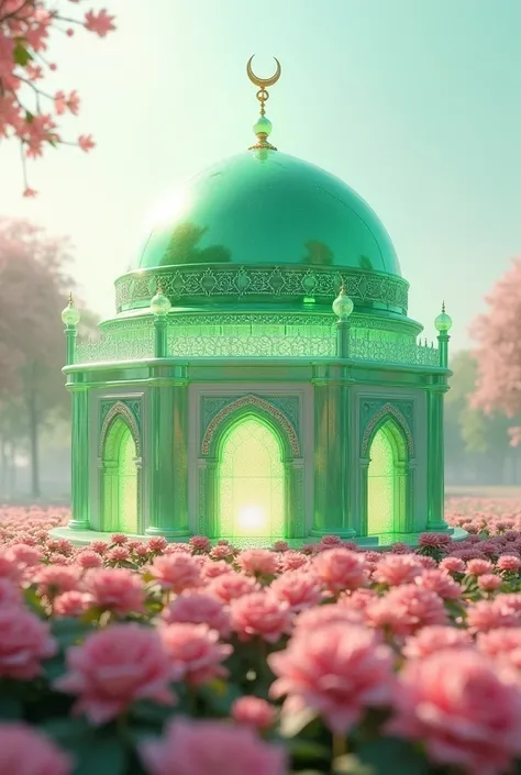 Creat a megical cgi 3d hyper realistic super cute transparent cristal glass madina mosque with green dom in pink flower on roses field with mist cloud