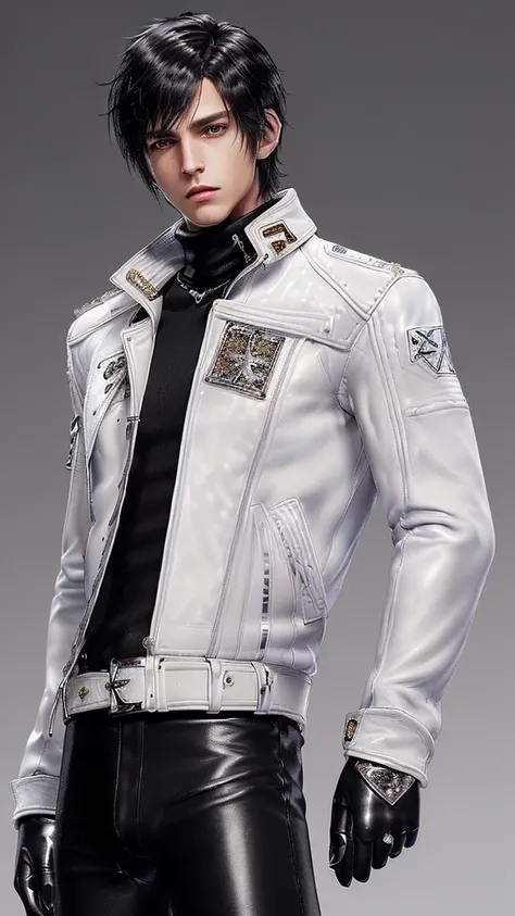 ((Final fantasy taste and reality graphics)), ((Japanese young cute and cool ikemen  boy)), his age is early 20s, thin eyebrows and beady eyes,  ((((he wearing white color leather very thick single-brest jacket)))),((((leather jacket is smooth luster and s...