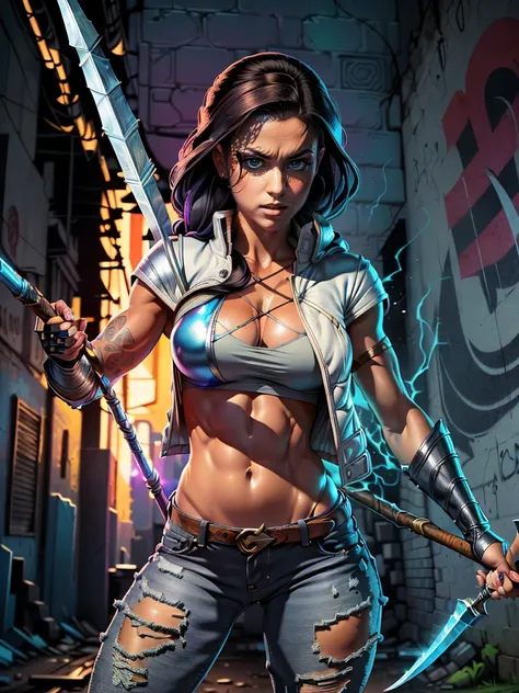 Very aesthetic inkpunk illustration, Alison Tyler, (((wielding a magic spear in his right hand))), sentada em uma cadeira simples, corpo inteiro, separated-lips, ,(((jaqueta de couro preta com rebites))) , ripped jeans, camiseta branca, , fundo da parede c...