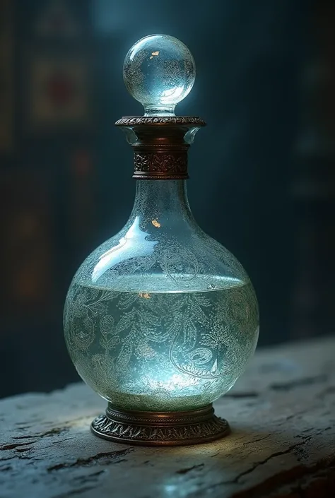 create an ancient bottle with a silver liquid
