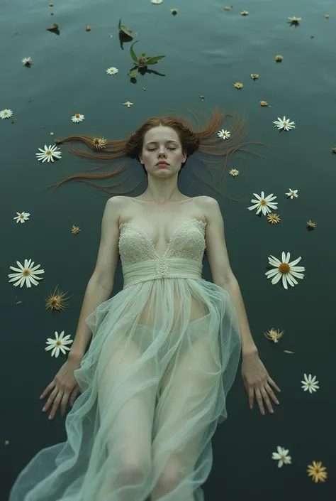 There is a woman floating in a body of water with flowers., floating drowned, inspired by Brooke Shaden, submerged in water, drowned, floating in water, ophelia, floating underwater, submerged in waste, floating underwater in a lake, water nymph, beautiful...