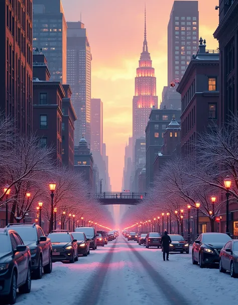 New York City, masterpiece, Highest quality, uhd, Very good images, Clearly,, Neon Town, (Photorealistic), Colorful, winter, snow, Morning Glow, Orange