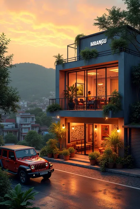 Graphic design studio in front, Beautiful Indian streetview,evening orange sky,greenish hill background,Jeep parking outside,wetroad