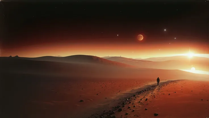 there is a lone person walking on a desert area with a large moon in the distance, eclipse of aurora on mars, mars landscape, su...