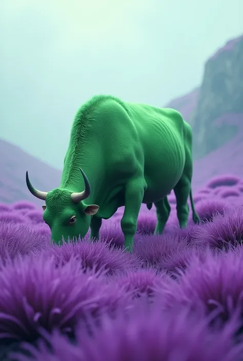 Green cow eating purple grass