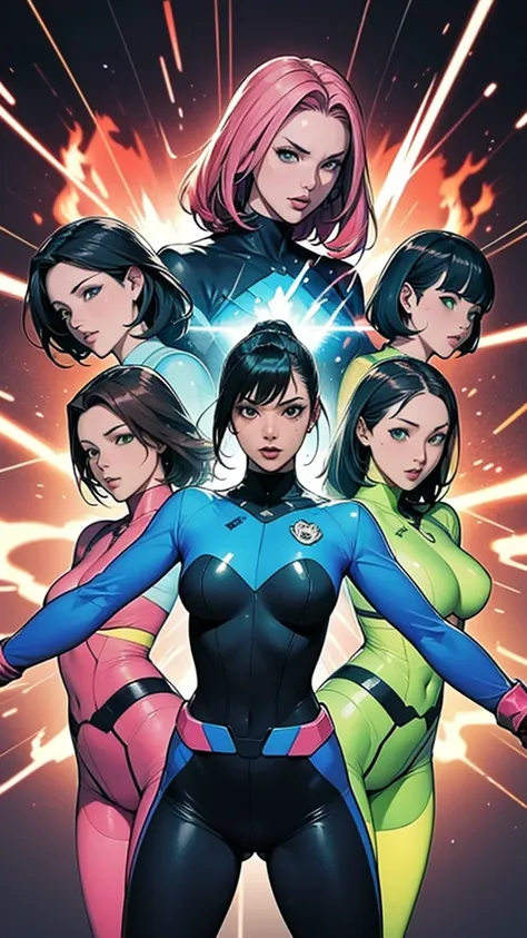 A brave and daring image of the six-woman Ranger team, Each is decorated with the following vibrant colors:: neon pink, Sky blue, Fire engine red, plasma violet, Fluorescent Green, shocking yellow. A dynamic pose with a background that oozes energy and cou...