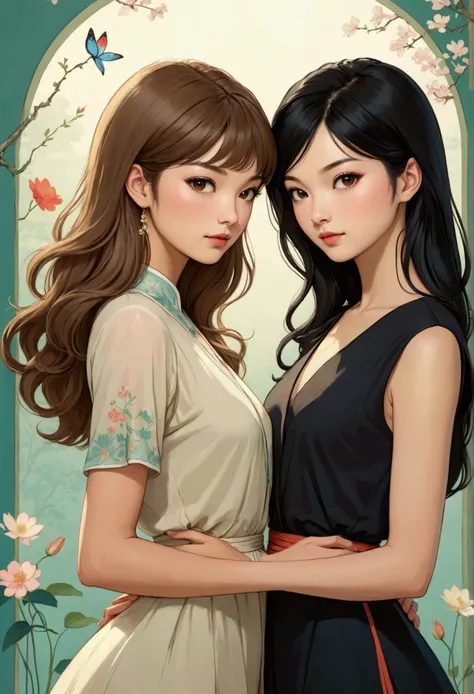 Two beautiful women in love, both dressed elegantly and modern in a tender attitude towards each other, Sarah Kay style, one British, with semi-short light brown hair, and the other woman with delicate Asian features, with long black hair.