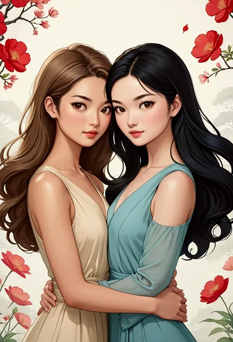 Two beautiful women in love, both dressed elegantly and modern in a tender attitude towards each other, Sarah Kay style, one British, with semi-short light brown hair, and the other woman with delicate Asian features, with long black hair.