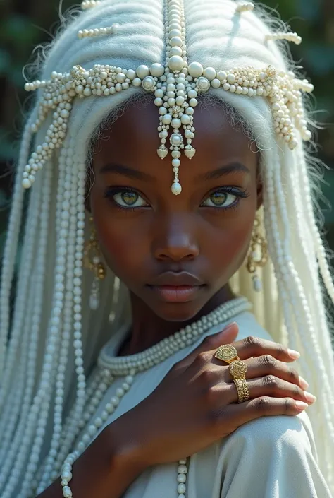 Young Black girl. Long white hair that reaches her feet. White beads on head that reaches her forehead. Glowing white eyes. Long white earrings. Full Finger Chinese style gold rings. Ultra high quality.
