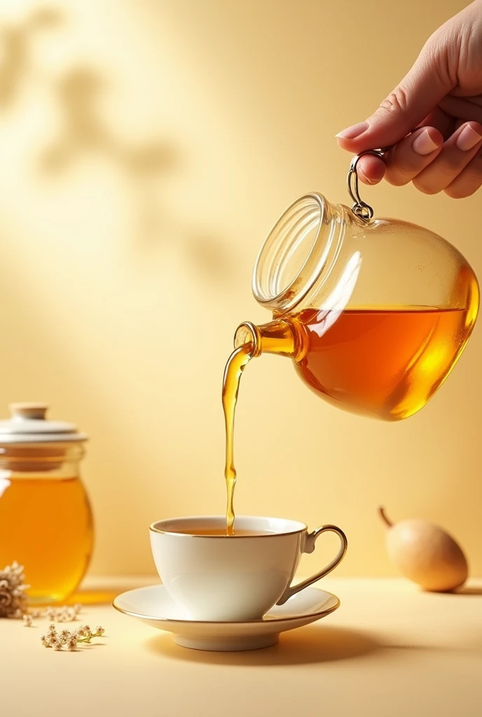 Eye-catching advertising poster of a jar of honey pouring into a cup of tea, that reflects and shows that we sell natural products