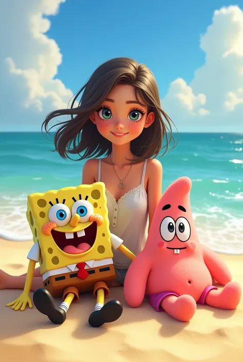 2d animation. Portrait. Teenage girl next to a Spongebob stuffed animal and a Patrick Star stuffed animal on the beach 