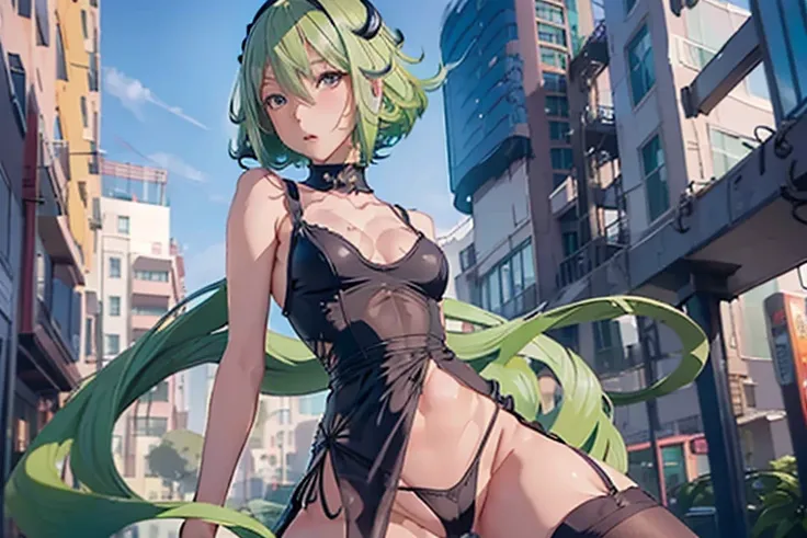 a cute yuna (cosplay of Tatsumaki, foam green hair, sexy slinky black iconic dress, high split up thighs (panties partly exposed)), she is looking annoyed while doing sexy poses, ruined city set
