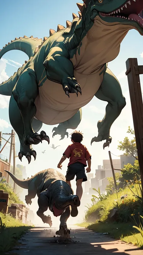 A dinosaur chasing a boy