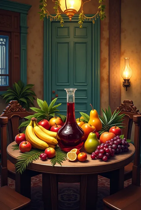 An old Filipino-Spanish  colonial Room with full of bananas, apple, pear, mango, grapes and wine in table with chairs and bright gas lamp around the room.