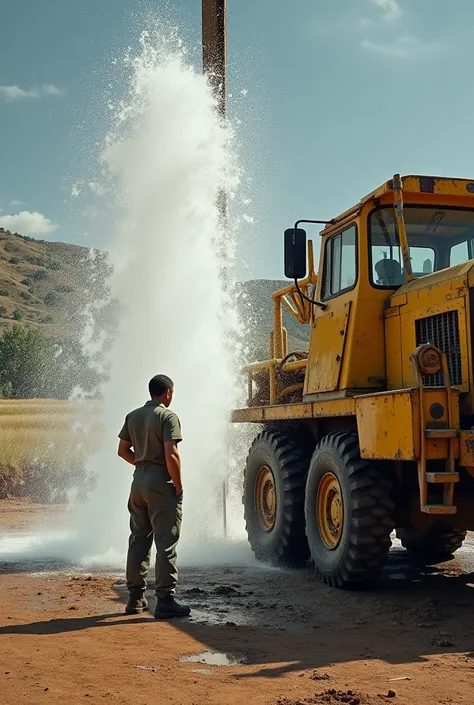 Photograph of a person next to a yellow water well drilling machine just as the water comes out
