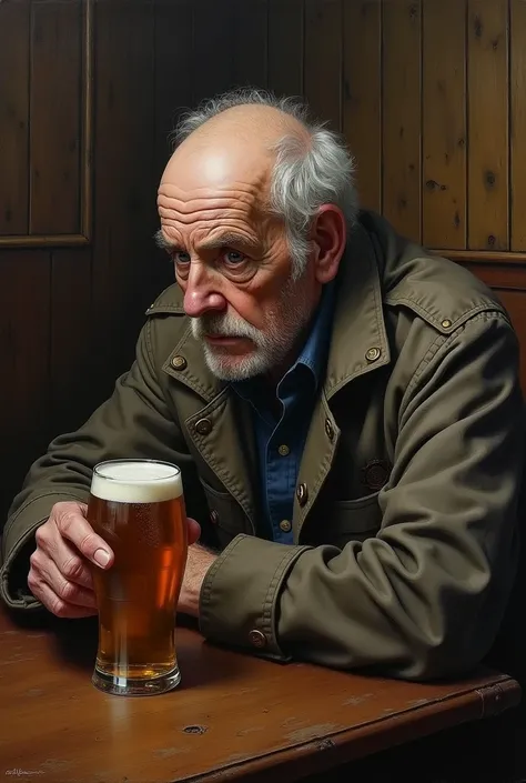 painting of an elderly man sitting at a table with a glass of beer, sitting alone in a bar, in a pub, realistic oil painting, james gurney painting style, sad man, portrait of an alcoholic, drinking beer, realistic painting detailed, realistic detailed pai...