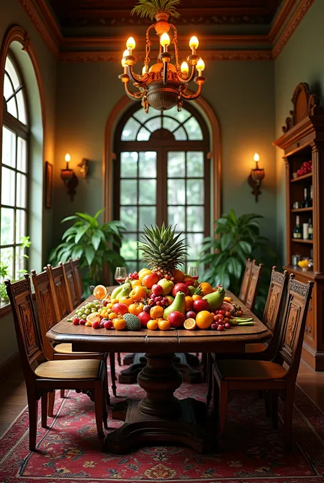 An old Filipino-Spanish  colonial Big Room with full of bananas, apple, pear, mango, grapes and wine in table with chairs and bright gas lamp around the room.