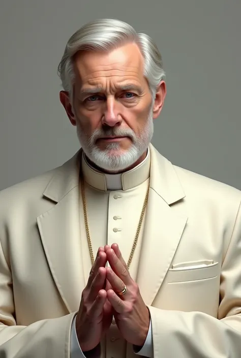 Create a realistic and detailed image of a bishop from the bust up. The bishop must be a white man, with angelic features and an elegant, well-dressed appearance. The focus should be on a calm expression and sophisticated attire.. The bishop should be dres...