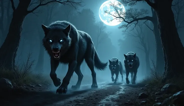 a pack of evil looking wolves, on a full moon night, in a dense forest, along a dirt road