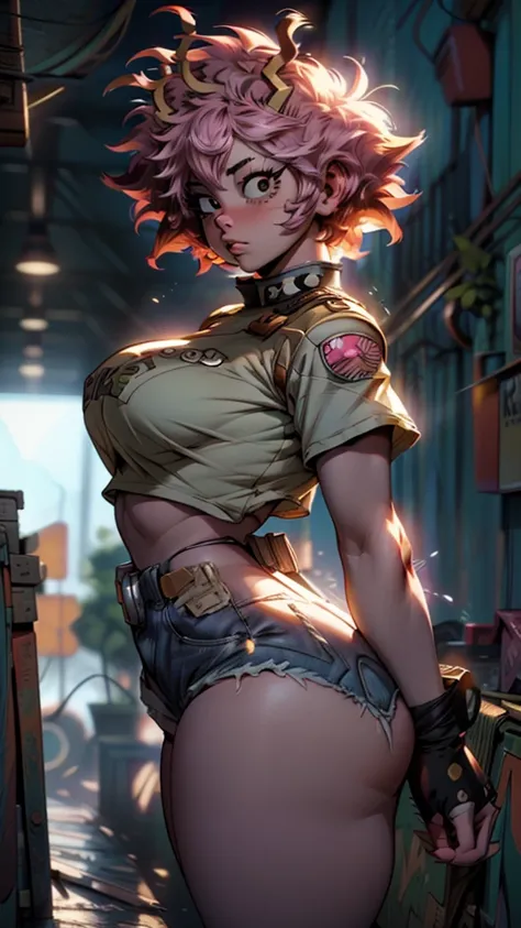 ((Masterpiece:1.5, best quality)), ((Mina Ashido from My Hero Academia)), beautiful face, (voluptuous), large_breast, ample hips, flaunting her incredibly detailed accentuated big booty, wearing cropped t-shirt and daisy dukes, thick_thighs, breathtaking d...