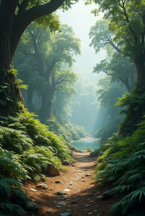 Jurassic primeval forest，There is soil and gravel nearby，There is a small pond in the distance