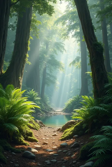 Jurassic primeval forest，There is soil and gravel nearby，There is a small pond in the distance