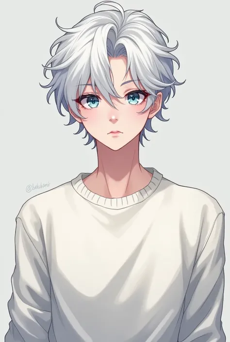 anime character, white hair, curly wavy hair, Pale skin, blue eyes, long eyelashes, male, tall muscular, big glossy lips, grey eyebrows, white comfy sweater white eyelashes