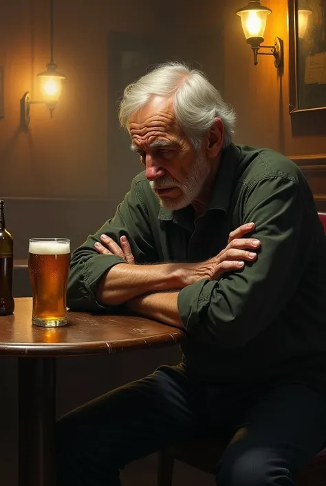 painting of an elderly man in profile sitting at a table with a glass of beer, arms crossed, sitting alone in a bar, in a pub, realistic oil painting, james gurney painting style, sad man, portrait of an alcoholic, drinking beer, detailed realistic paintin...